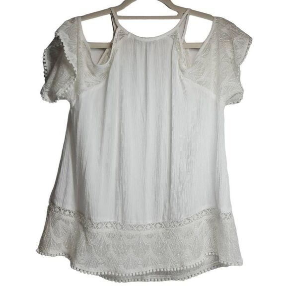 Heartloom Women's White Open Shoulder Keyhole Pompom Lace Blouse Medium - Picture 2 of 8